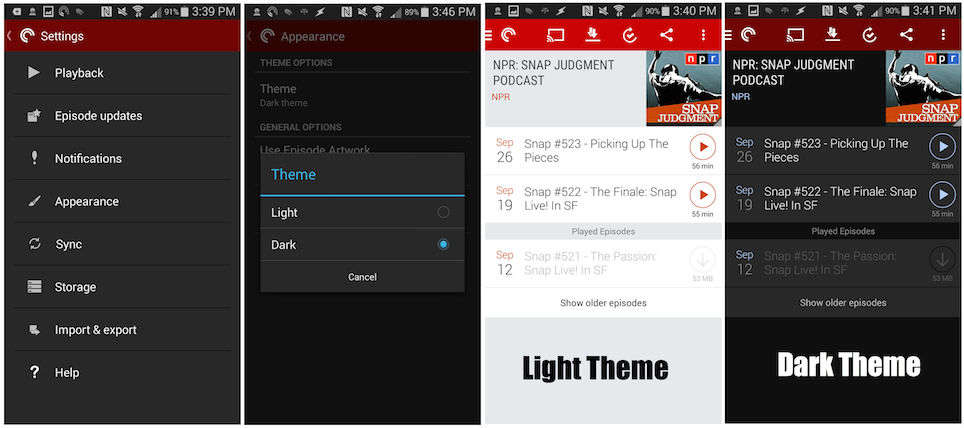 Image of setting to change theme in Pocket Casts app